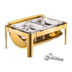 Roll Top Chafing Dish Buffet Complete Set, 9Qt Stainless Steel Chafer with Full Size Pan (Color: Golden-Visible Window, Quantity: 1 Pack)